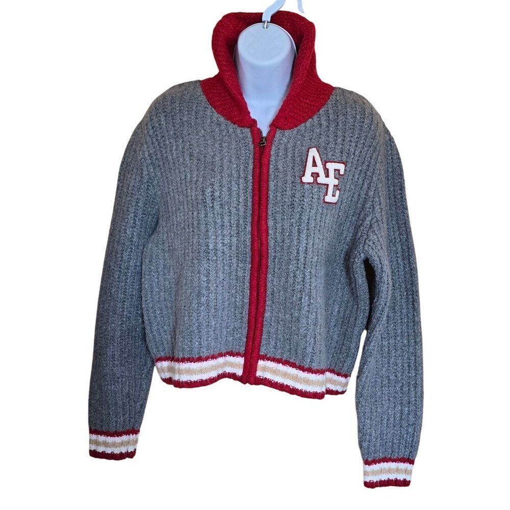 American Eagle Gray & Red Letterman Sweater Cozy Retro Vintage Vibes warm soft